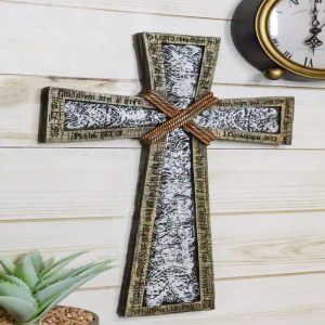 Rustic Holy Bible Scriptures Ornate White Lace Stencil Antiqued Wall Cross
