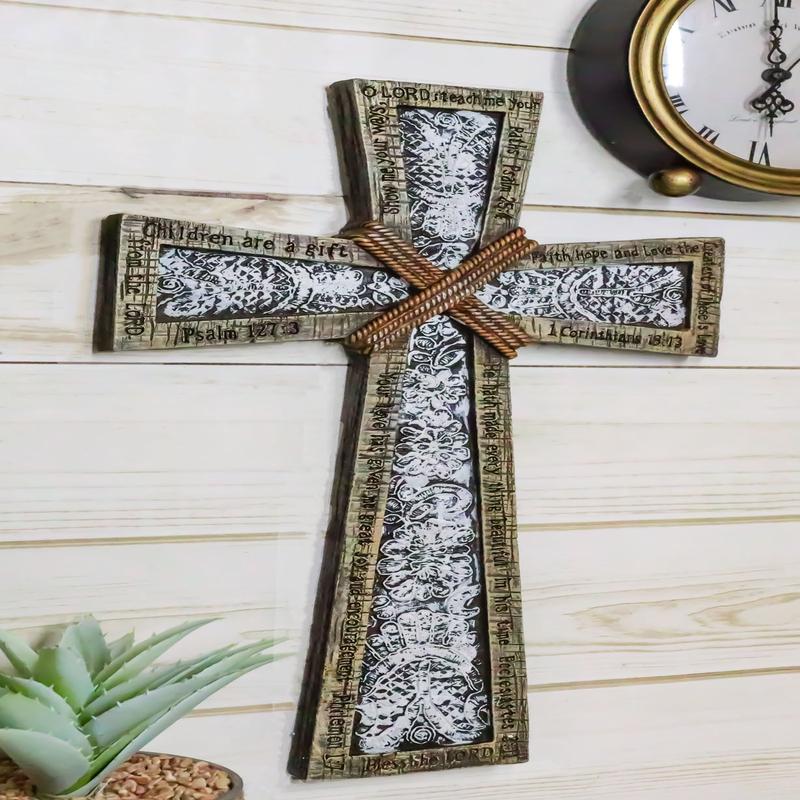 Rustic Holy Bible Scriptures Ornate White Lace Stencil Antiqued Wall Cross