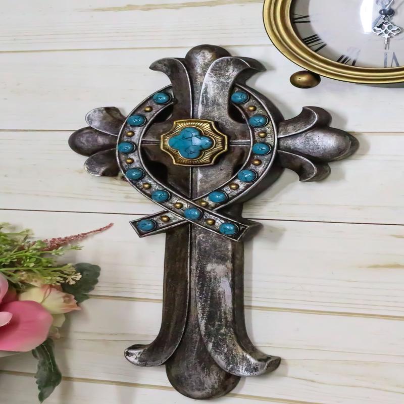 Rustic Silver Finish Fleur De Lis Greek Ichthys Christ Fish Turquoise Wall Cross