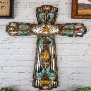 Rustic Southwestern Turquoise Ornate Patterns Western Star Concho Wall Cross