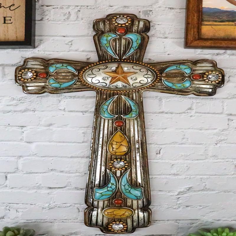 Rustic Southwestern Turquoise Ornate Patterns Western Star Concho Wall Cross