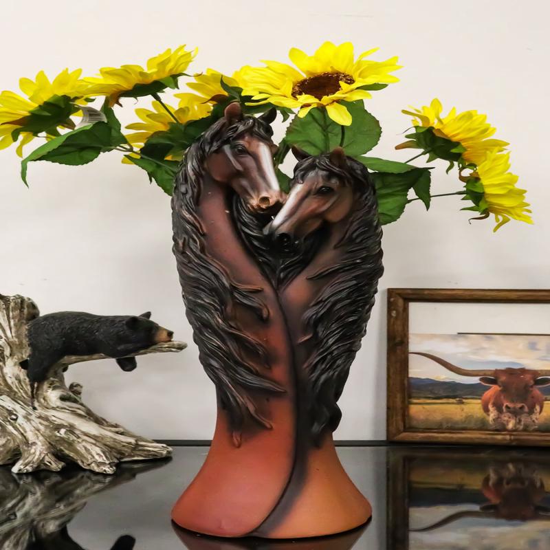 Rustic Western Country Heart Double Chestnut Horses Decorative Floral Vase