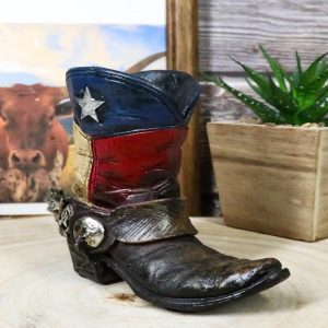 Rustic Western Cowboy Faux Leather Texas State Flag Boot With Spur Pen Holder