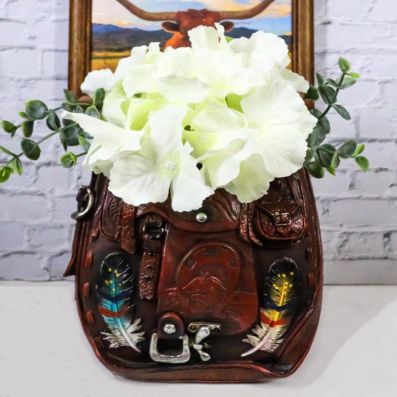 Rustic Western Cowboy Horse Saddle With Indian Feathers Flower Vase Or Planter