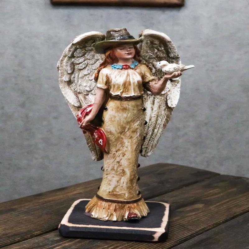 Rustic Western Cowgirl Angel Wearing Cowboy Hat With Dove In Her Hand Figurine