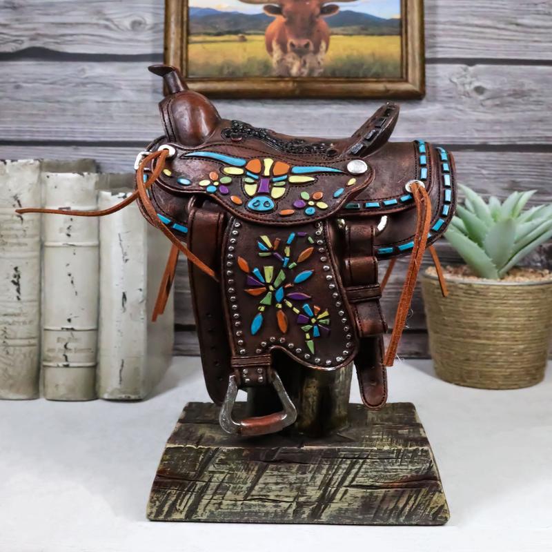 Rustic Western Faux Leather Cowboy Horse Saddle Longhorn Cow Pattern Figurine