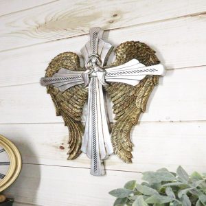 Rustic Western Faux Tooled Silver Praying Angel With Golden Wings Wall Cross