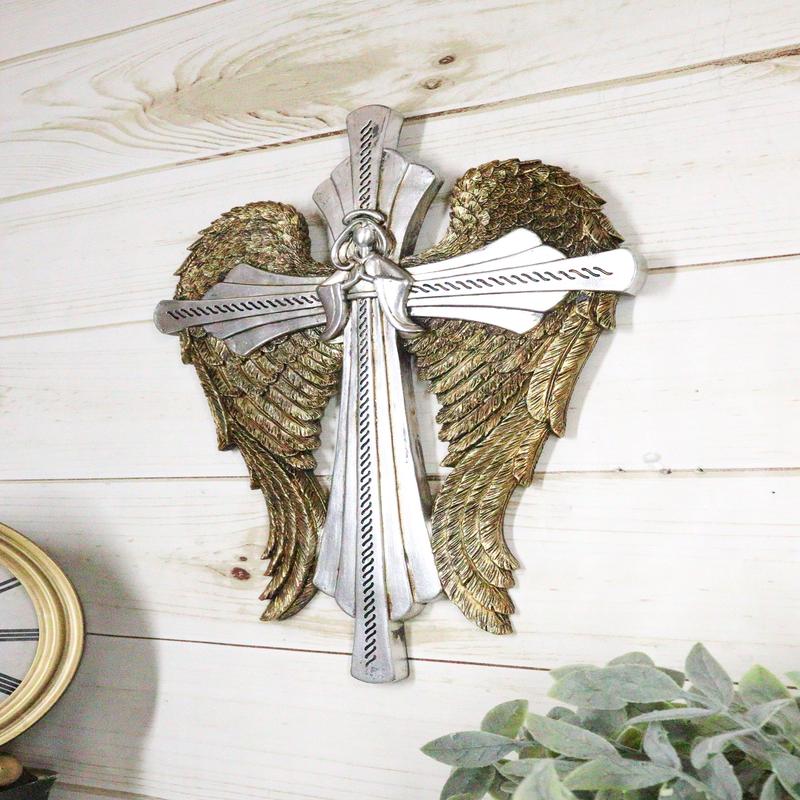 Rustic Western Faux Tooled Silver Praying Angel With Golden Wings Wall Cross