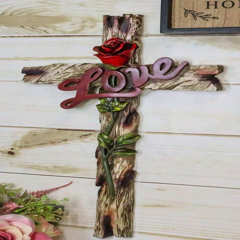 Rustic Western Faux Wooden Inspirational Love With Red Rose Stalk Wall Cross