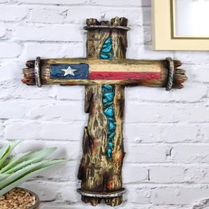 Rustic Western Lone Star Texas State Flag With Turquoise Rocks Rugged Wall Cross