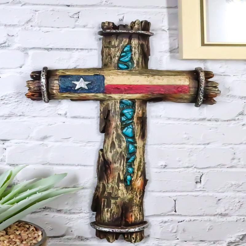 Rustic Western Lone Star Texas State Flag With Turquoise Rocks Rugged Wall Cross