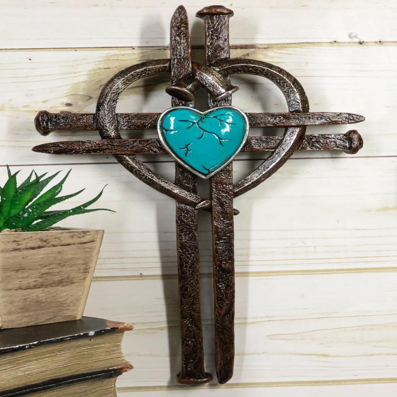 Rustic Western Nail Spikes With Bent Nail Heart And Turquoise Rock Wall Cross
