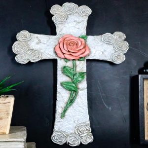 Rustic Western Pink Stalk of Rose With Tooled Flowers Faux Stone Wall Cross