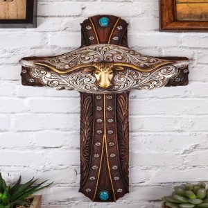 Rustic Western Texas Longhorn Bull Cow Tooled Concho Turquoise Rocks Wall Cross
