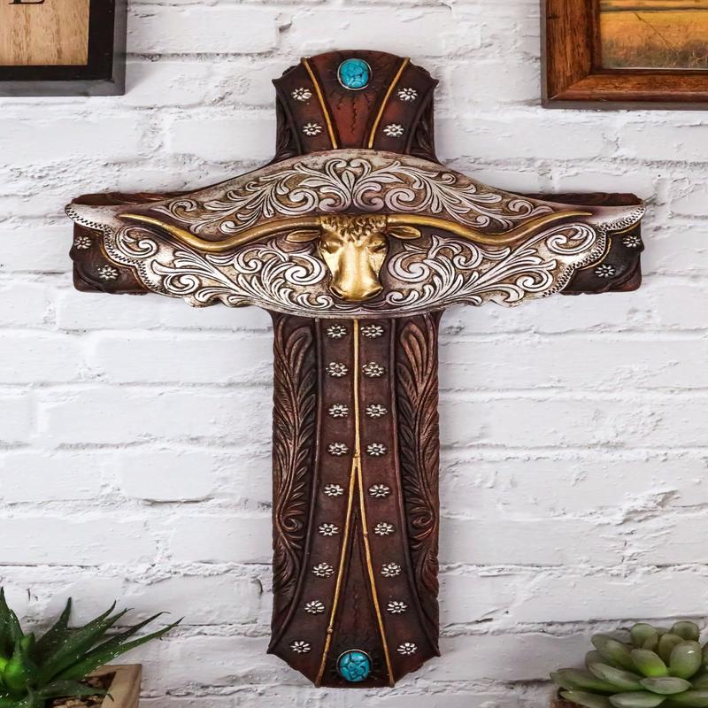 Rustic Western Texas Longhorn Bull Cow Tooled Concho Turquoise Rocks Wall Cross