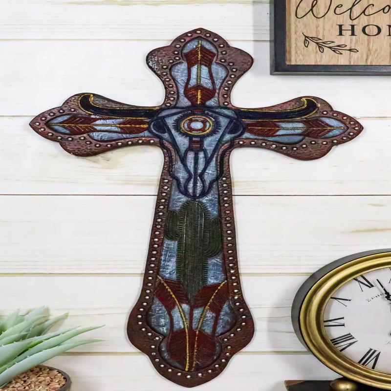 Rustic Western Texas Longhorn Cow Desert Cactus Faux Leather Wall Cross Decor