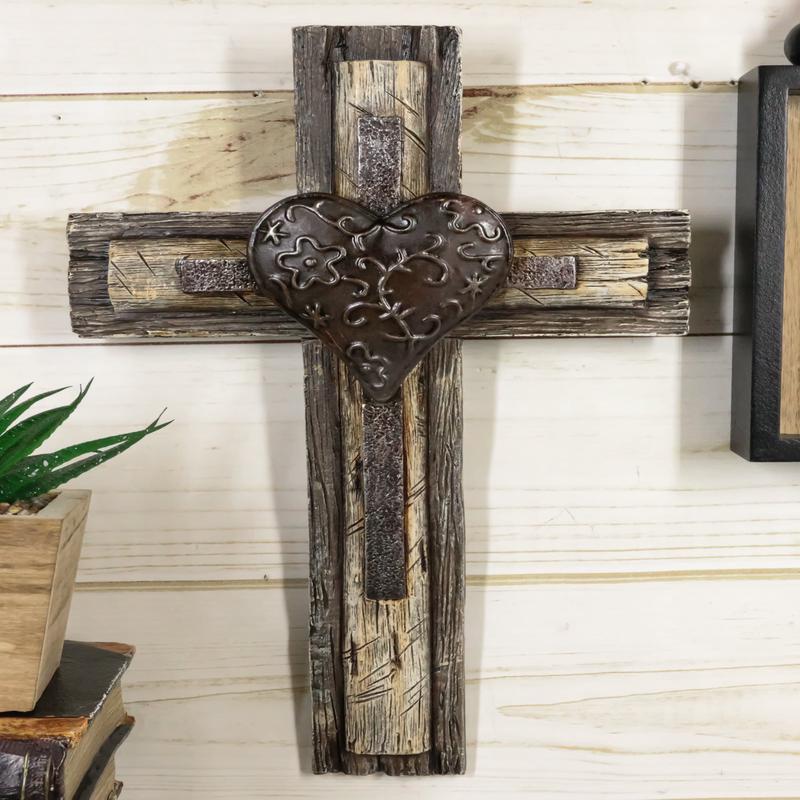 Rustic Western Tooled Metal Heart Faux Wooden Layered Wall Cross Decor Plaque