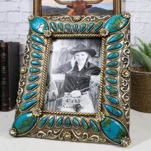 Rustic Western Turquoise Teardrop Gems Scrollwork Patterns 6X4 Picture Frame