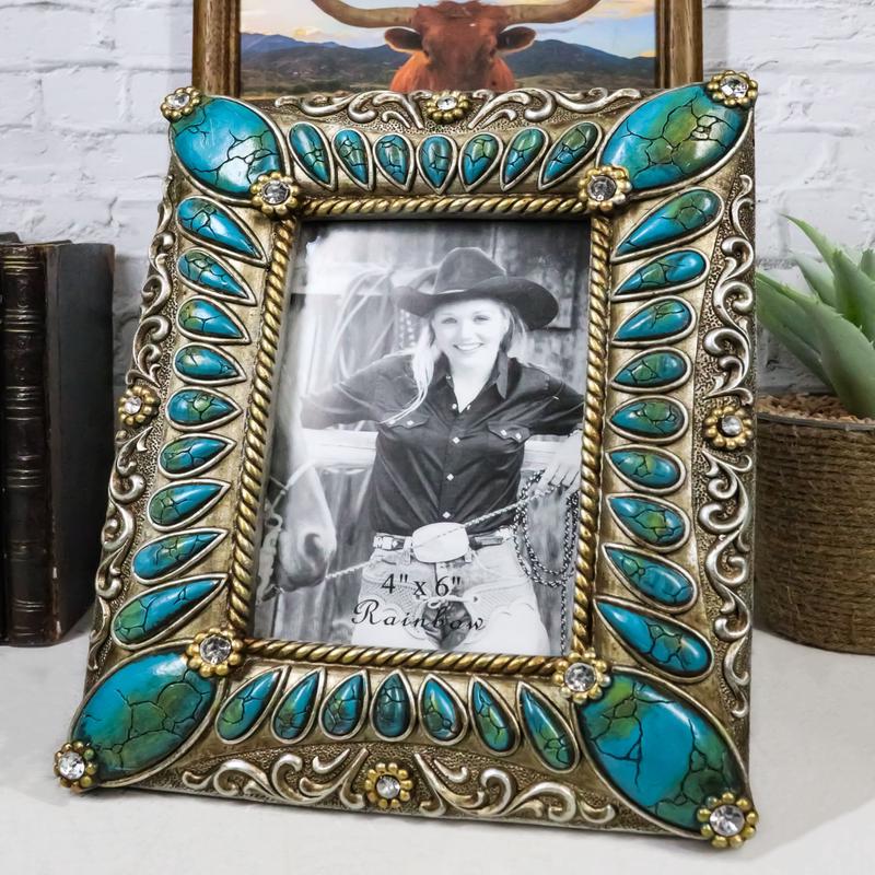Rustic Western Turquoise Teardrop Gems Scrollwork Patterns 6X4 Picture Frame