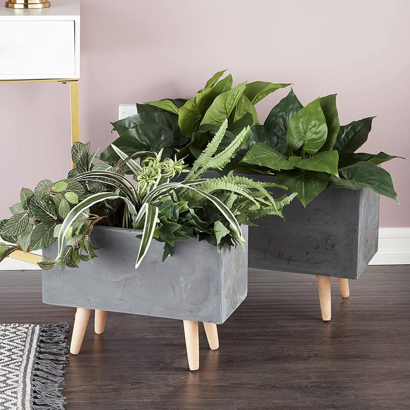 Set of 2 Contemporary Gray Fiber Clay Rectangular Planters Pots With Wooden Feet