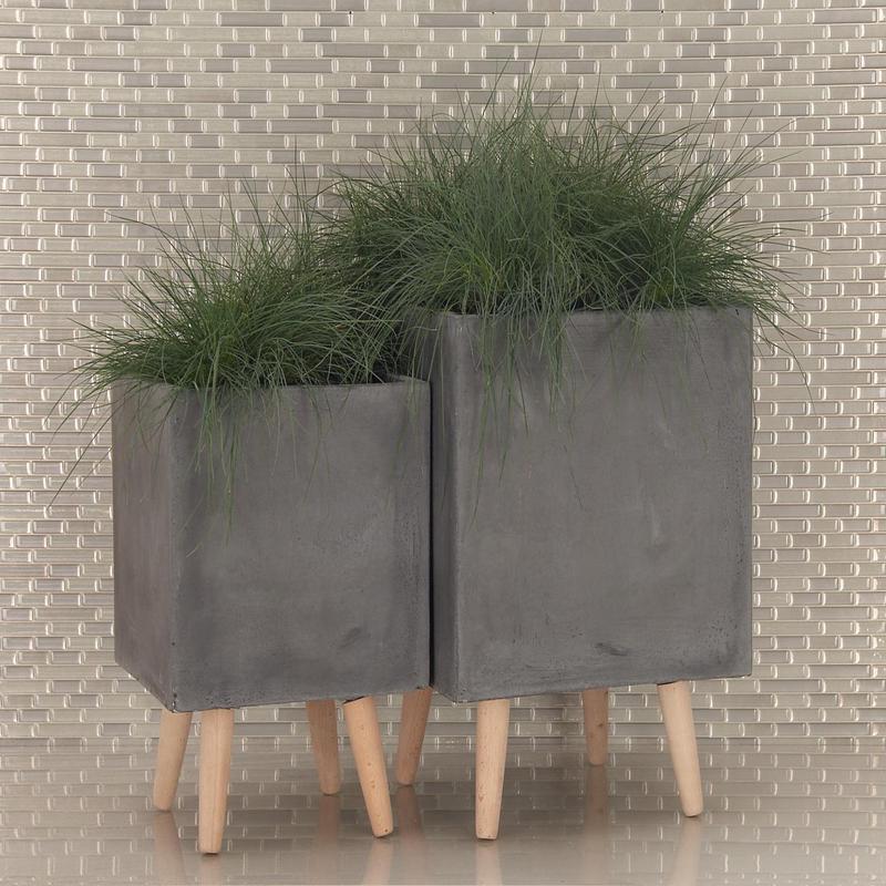 Set of 2 Contemporary Gray Fiber Clay Square Cube Planters Pots With Wooden Feet