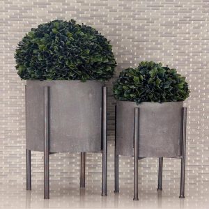 Set of 2 Contemporary Urban Grey Cast Iron Cylindrical Planter Pots With Stand