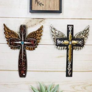 Set of 2 Petite Rustic Western Silver Gold Angel Wings Faux Leather Wall Crosses