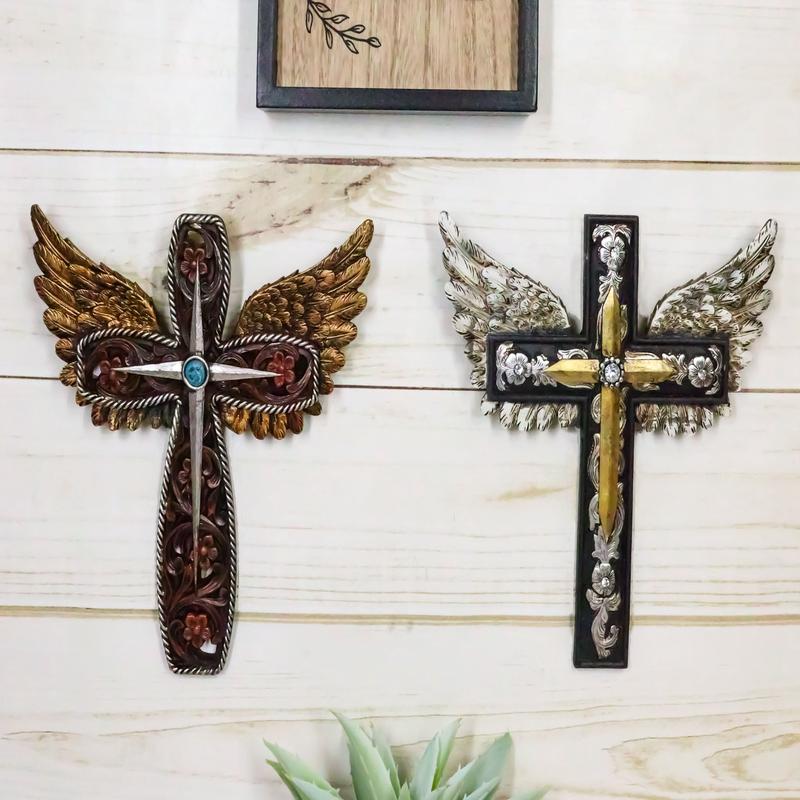 Set of 2 Petite Rustic Western Silver Gold Angel Wings Faux Leather Wall Crosses