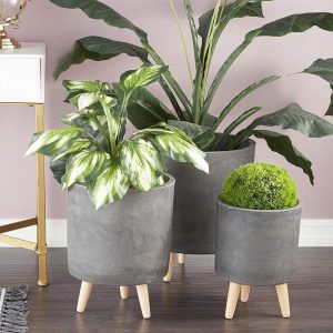 Set of 3 Contemporary Grey Fiber Clay Cylindrical Planter Pots With Wooden Feet