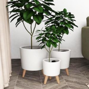 Set of 3 Contemporary White Fiber Clay Cylindrical Planter Pots With Wooden Feet