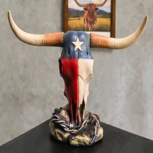 Western Bull Cow Steer Skull With Texas Lone Star State Flag Desktop Figurine