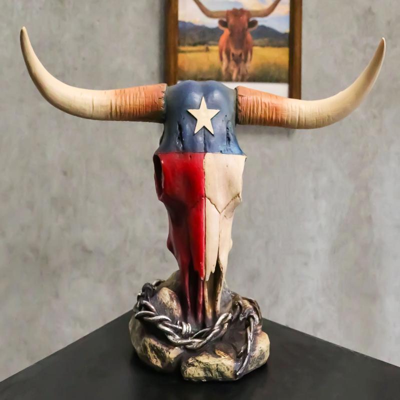 Western Bull Cow Steer Skull With Texas Lone Star State Flag Desktop Figurine