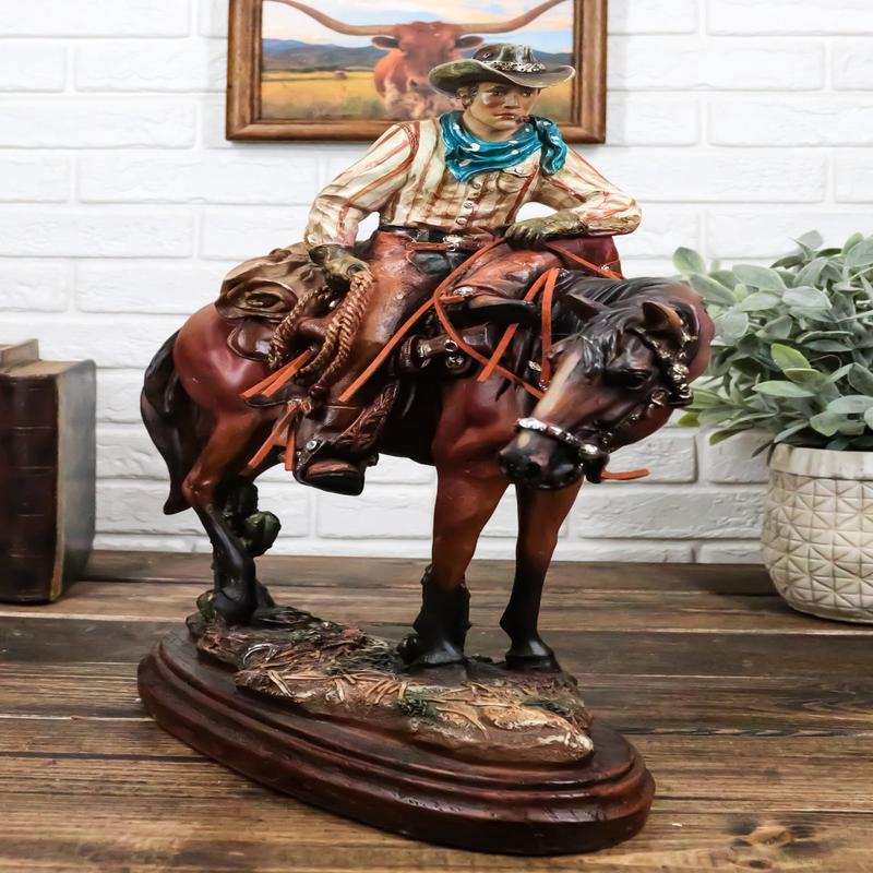 Western Desert Cowboy On Saddleback Brown Stallion Horse By Cactus Figurine