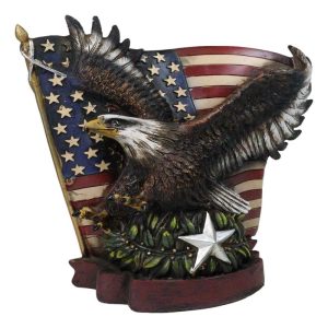 American Bald Eagle With Olive Branch Soaring by US Flag Desktop Figurine