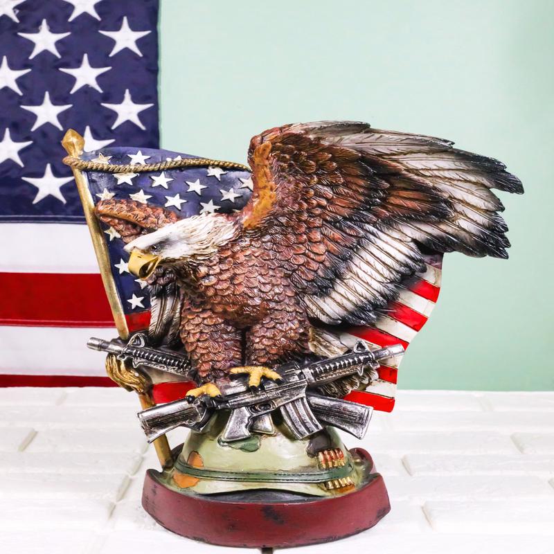 Bald Eagle With Crossed Rifles Soldier Helmet By Star Spangled US Flag Figurine