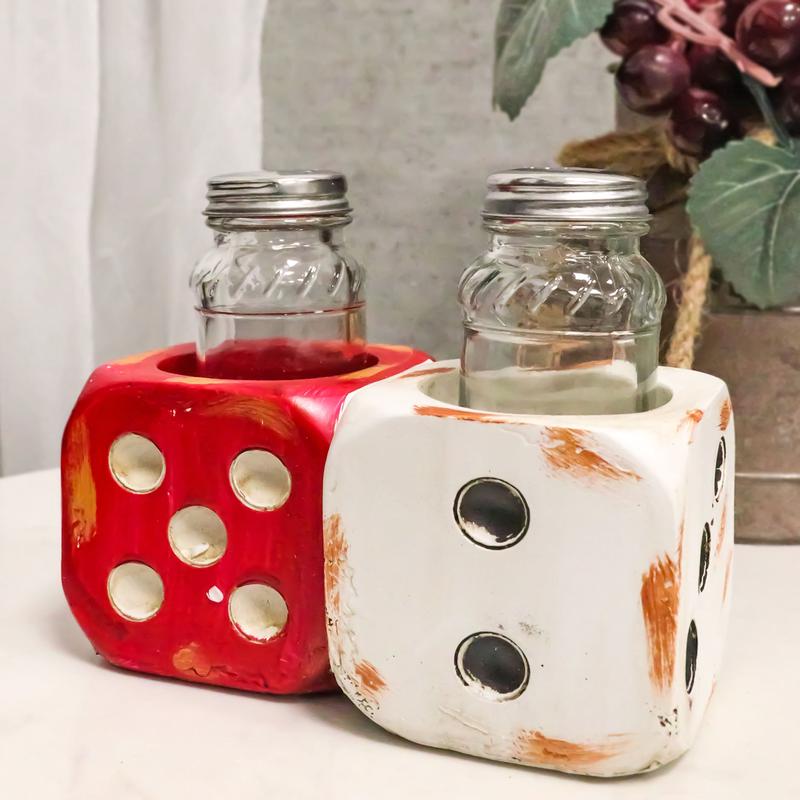 Casino Gambler Red And White Distressed Double Dice Salt Pepper Shakers Holder
