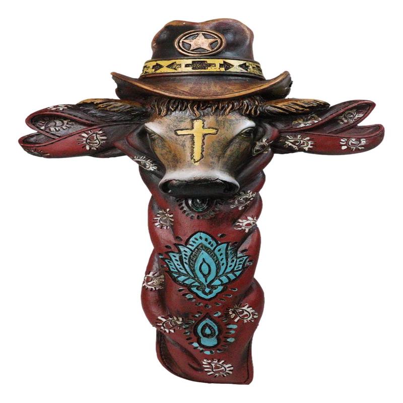 Colorful Southwestern Cowboy Bull with Sheriff Hat and Floral Design Wall Cross