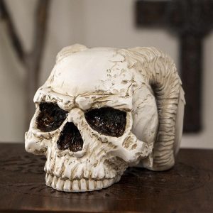 Gothic Angel Of Hades Ram Horned Skull With Nude Winged Redemption Figurine