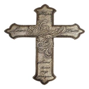 Hope Love Faith Lord Hear My Prayer Fleur De Lis Floral Faux Leather Wall Cross