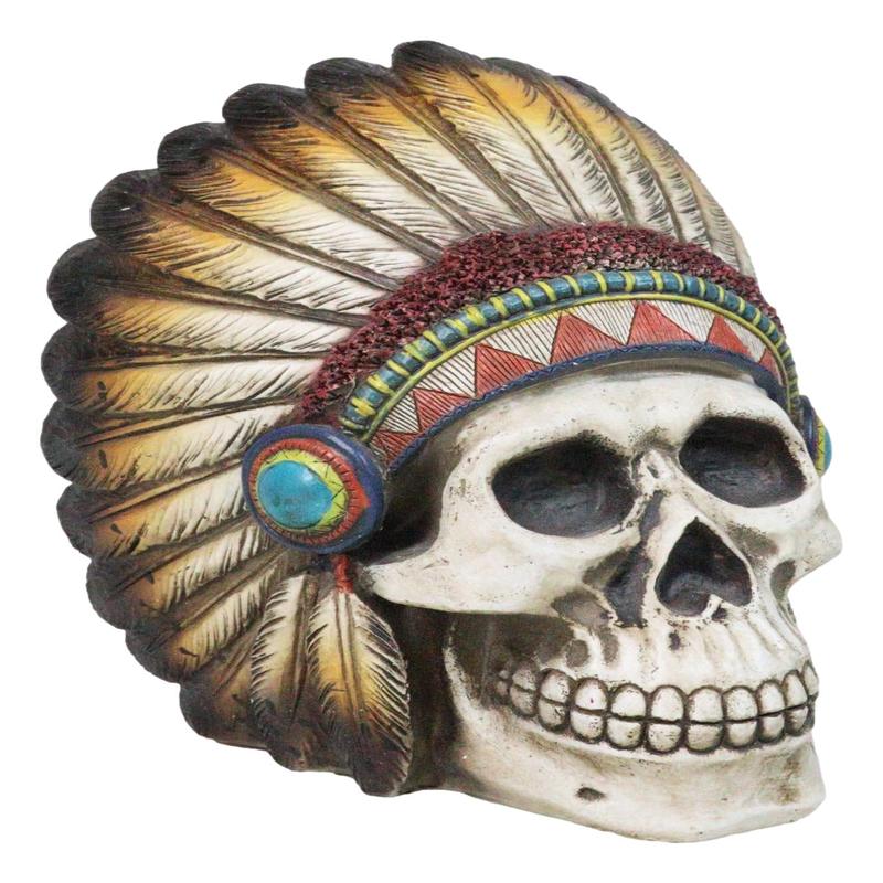 Indian Eagle Chief Skull with Turquoise Rocks Tribal Warrior Headdress Figurine
