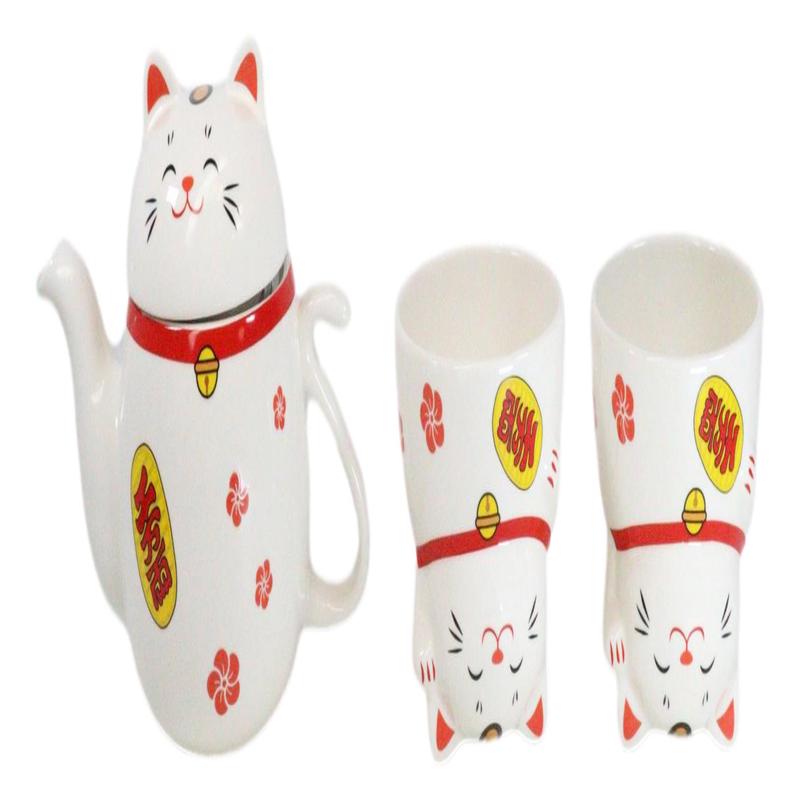 Japanese Maneki Neko Lucky Beckoning Cat Ceramic Tea Pot And 2 Teacup Mugs Set
