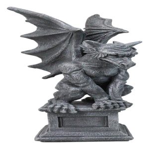 Large 17" H Gothic Crouching Wise Old Griffin Gargoyle On Pedestal Figurine