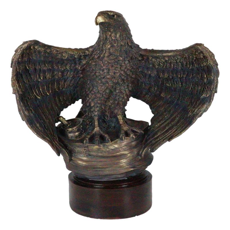 Large Grand Bald Eagle Perching On USA American Flag Figurine With Round Base