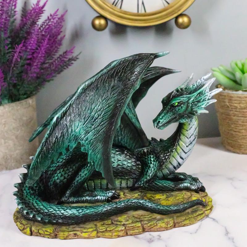 Legendary Horned Dark Green Scaled Dragon At Rest Figurine Dungeons Dragons