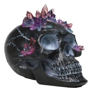 Macabre Wicca Magic Purple Hues Crystals Black Cranium Skull Figurine
