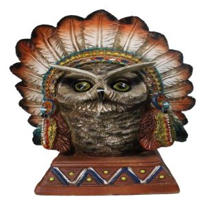 Native American Indian Great Horned Owl Chief With Roach Headdress Figurine