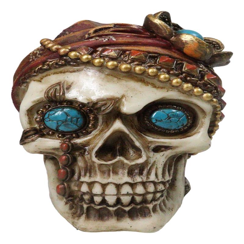 New Orleans Bayou Madame LaLaurie Skull with Turquoise Rocks Money Bank Figurine