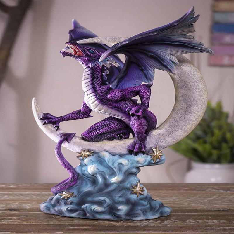 Night Voyager Purple Dragon Perching On Crescent Moon Stars And Clouds Figurine