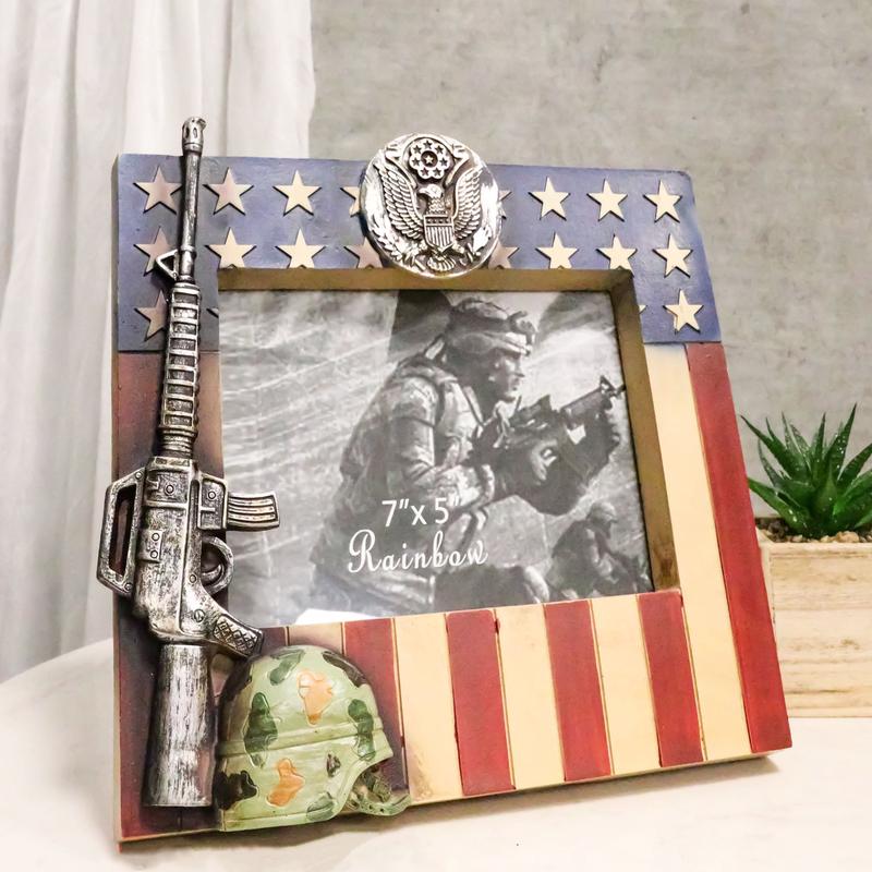 Patriotic American US Flag Army Rifle Helmet Soldier Memorial 5x7 Picture Frame