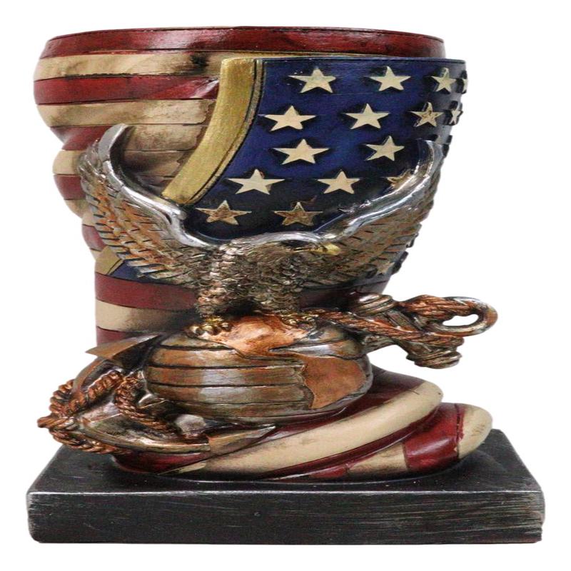 Patriotic USA Military Bald Eagle With American Flag Globe Flower Vase Planter
